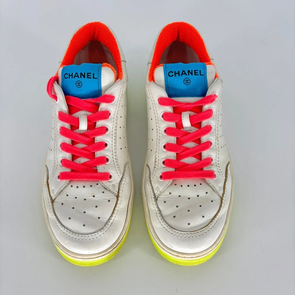 Chanel Calfskin Logo Low Top Sneakers White Neon Women Size 39 Leather Colorful